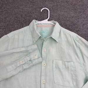 True Grit Button Up Mens L Mint Green 100% Linen Long Sleeve Coastal Surf